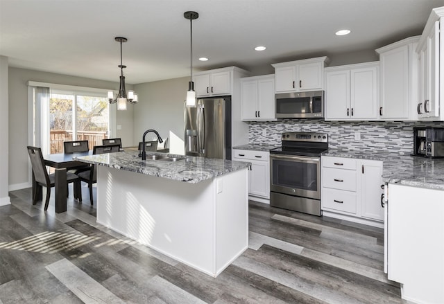 kitchen featuring white cabinetry, sink, an island with sink, and appliances with stainless steel finishes