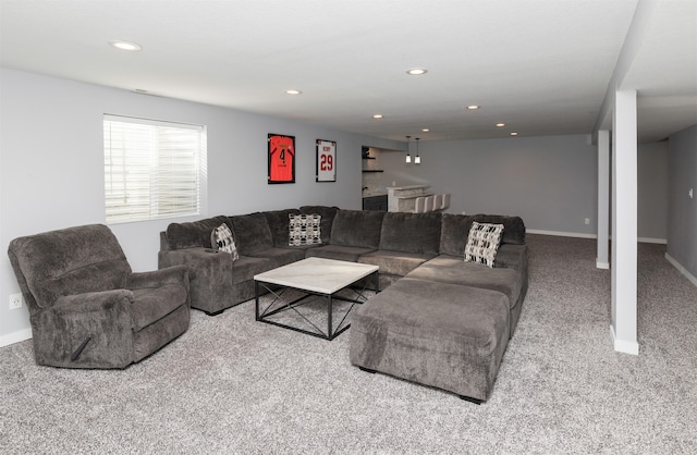 living room featuring light colored carpet