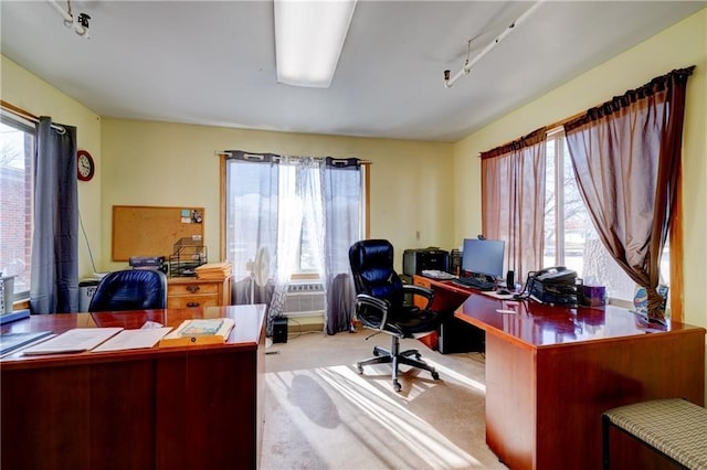 office area with cooling unit, track lighting, a wealth of natural light, and light colored carpet