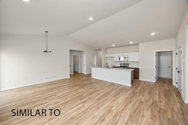 kitchen with visible vents, white cabinets, stainless steel appliances, and open floor plan