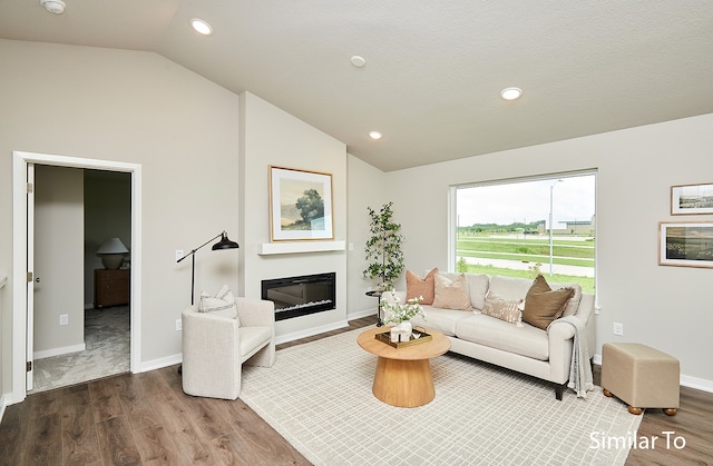 living room with vaulted ceiling and hardwood / wood-style flooring