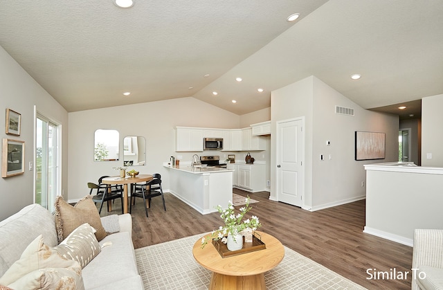 living room featuring a textured ceiling, hardwood / wood-style floors, and lofted ceiling