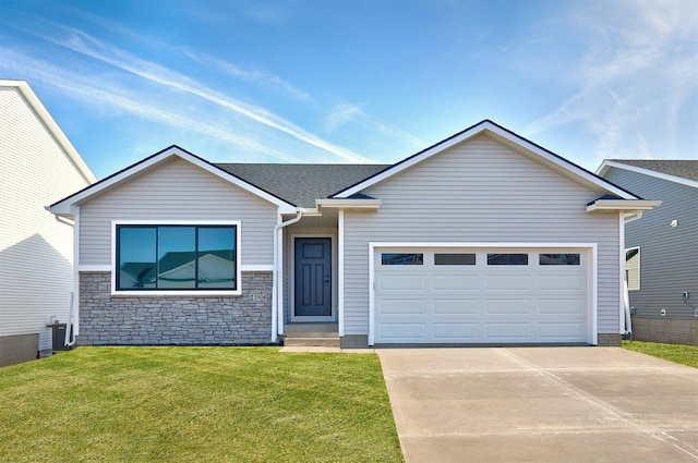 ranch-style home featuring a garage, central air condition unit, a front lawn, and driveway