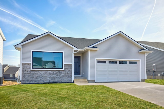 ranch-style house with a front yard, roof with shingles, entry steps, concrete driveway, and a garage