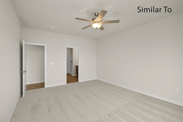 unfurnished bedroom with light carpet and ceiling fan