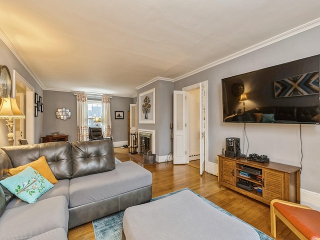 living room with a fireplace, hardwood / wood-style floors, and crown molding