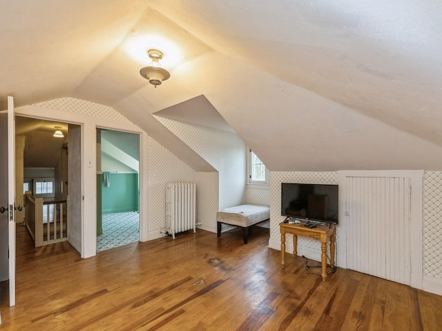 bonus room featuring radiator heating unit, hardwood / wood-style floors, and vaulted ceiling