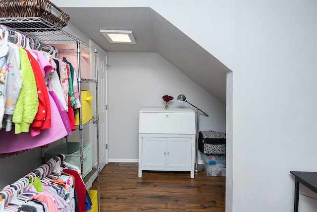 walk in closet with lofted ceiling and dark hardwood / wood-style floors