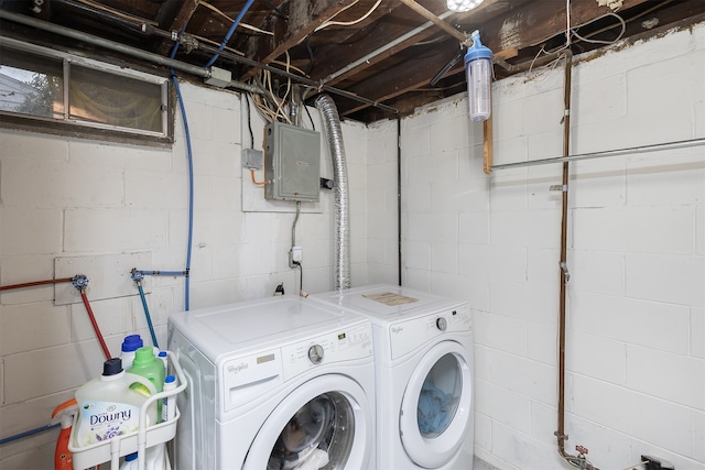 washroom featuring electric panel and washer and dryer