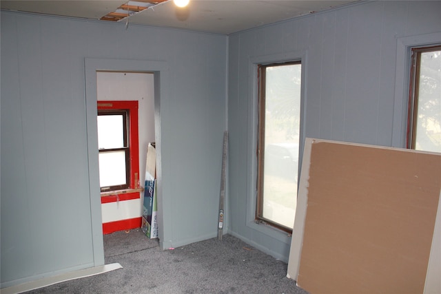 carpeted empty room with plenty of natural light and wood walls