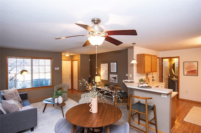 dining room with ceiling fan, light hardwood / wood-style floors, and a textured ceiling