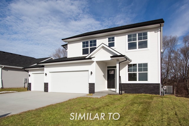 view of front of property featuring central AC unit and a front lawn