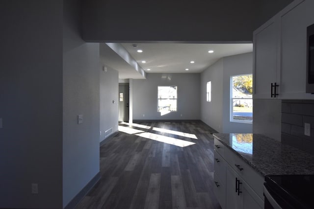 kitchen with light stone countertops, white cabinets, and dark wood-type flooring