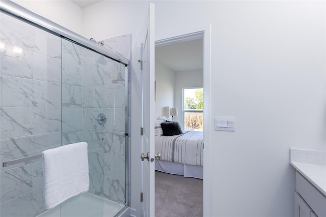 bathroom with a shower with door and vanity