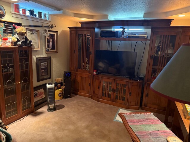 4028 9th St, Des Moines, IA 50313 - carpeted living room featuring a textured ceiling
