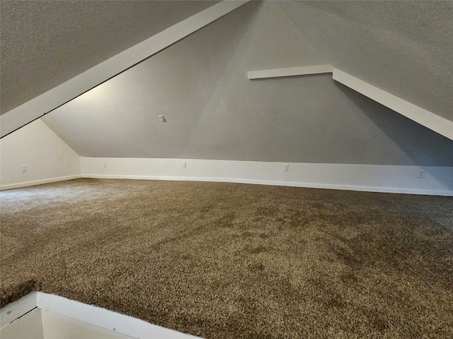 additional living space featuring lofted ceiling, carpet, and a textured ceiling