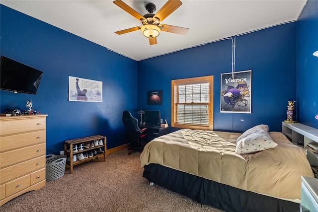 carpeted bedroom featuring ceiling fan