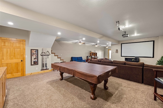 rec room featuring carpet flooring, ceiling fan, and billiards