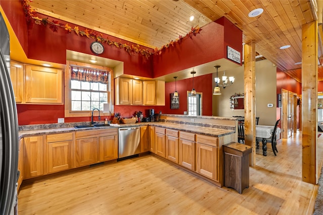 kitchen with wooden ceiling, sink, hanging light fixtures, light hardwood / wood-style floors, and stainless steel appliances