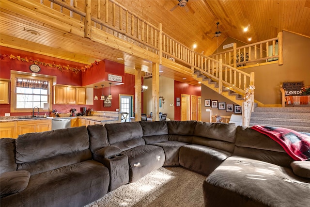 living room with high vaulted ceiling, ceiling fan, wooden ceiling, and sink