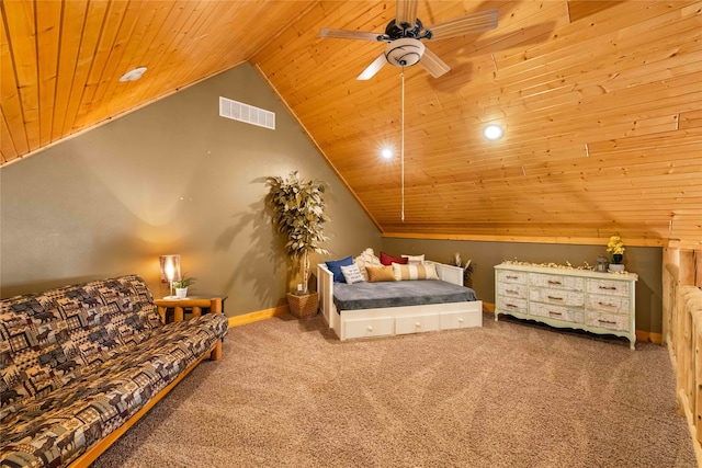 carpeted bedroom with ceiling fan, wood ceiling, and lofted ceiling