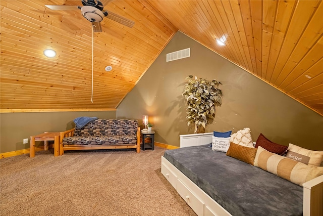 bedroom featuring carpet flooring, ceiling fan, wood ceiling, and vaulted ceiling