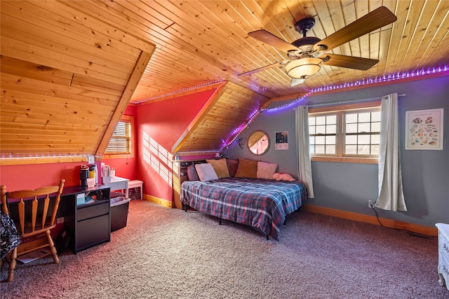 carpeted bedroom featuring ceiling fan, lofted ceiling, and wood ceiling