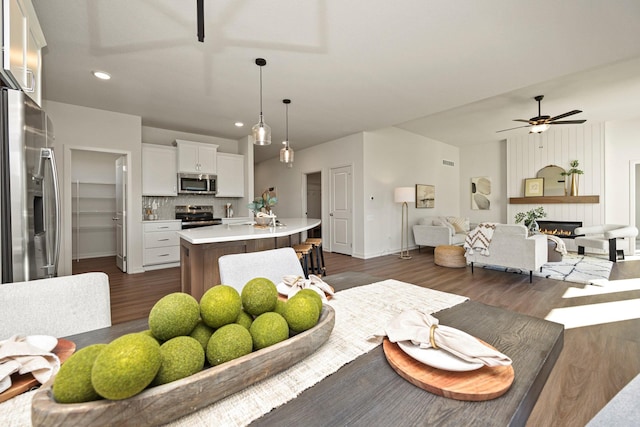 living room with ceiling fan and dark hardwood / wood-style flooring