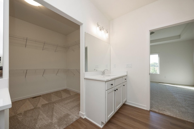 8916 Beery Pl, Johnston, IA 50131 - bathroom featuring a walk in closet, vanity, baseboards, and wood finished floors