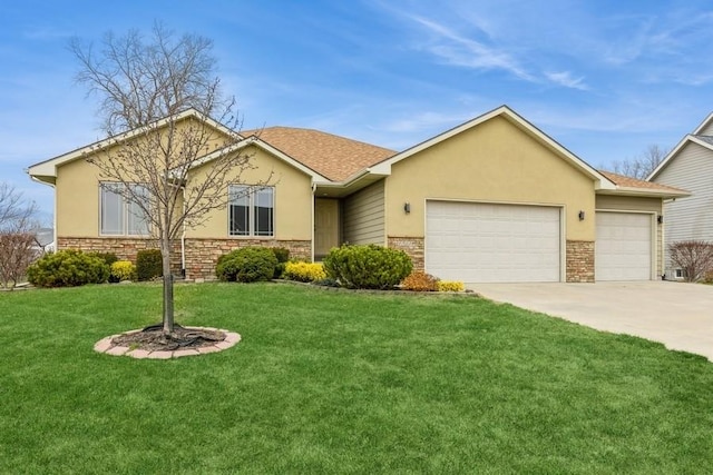 ranch-style home with concrete driveway, an attached garage, a front yard, and stucco siding