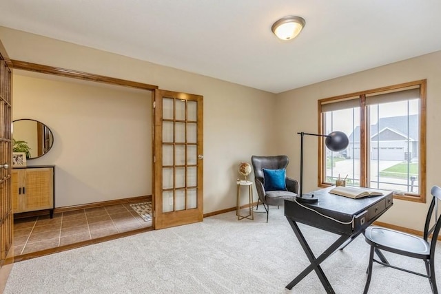 office featuring french doors and carpet