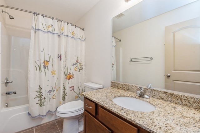 full bathroom with tile patterned flooring, vanity, toilet, and shower / bathtub combination with curtain