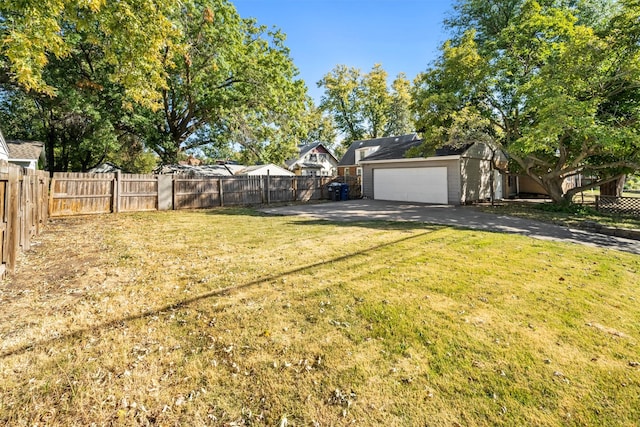 view of yard with a garage and a fenced backyard