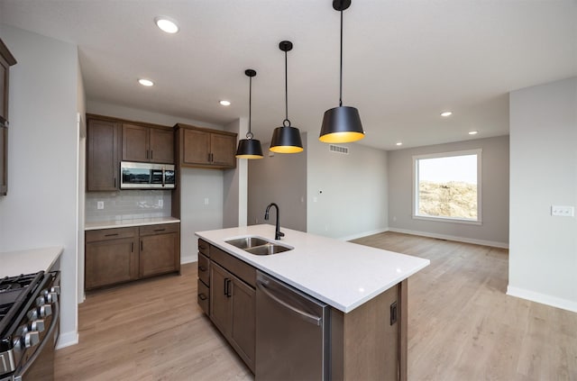 kitchen featuring stainless steel appliances, an island with sink, pendant lighting, decorative backsplash, and sink