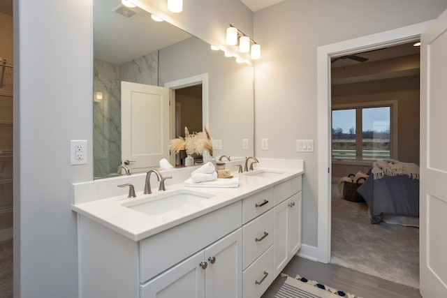 bathroom with hardwood / wood-style flooring and vanity