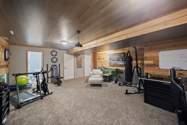 exercise room featuring carpet flooring, wood ceiling, and wooden walls