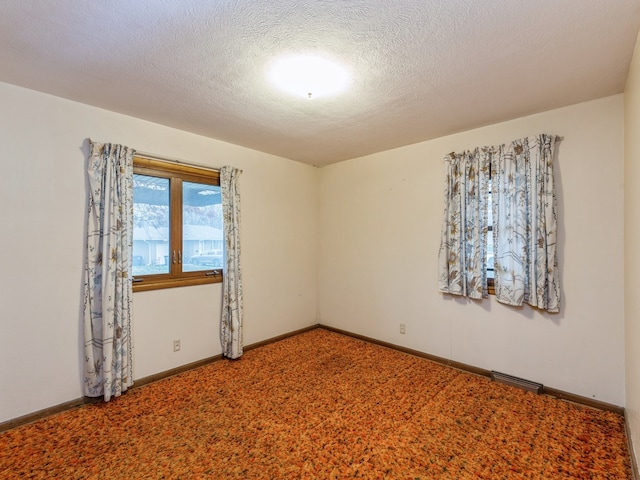 spare room featuring carpet flooring and a textured ceiling