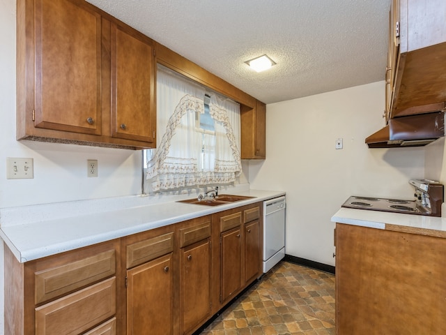 kitchen with a textured ceiling, dishwasher, stainless steel electric range, and sink