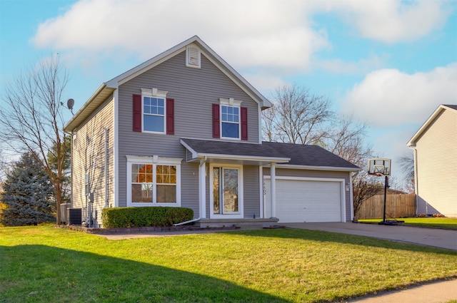 front of property featuring central AC unit, a garage, and a front yard