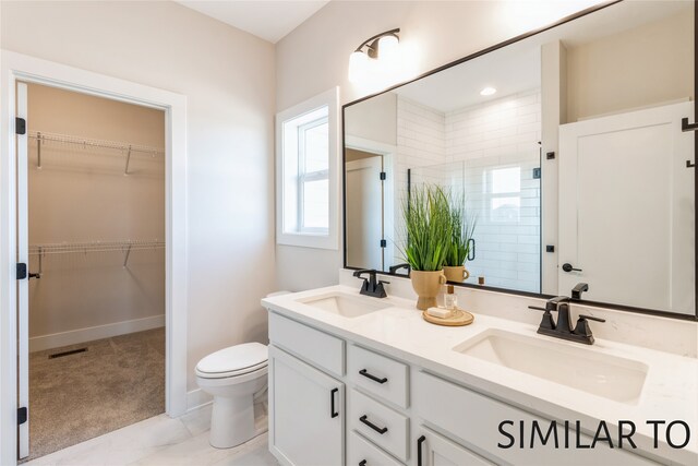 bathroom with vanity, toilet, and walk in shower