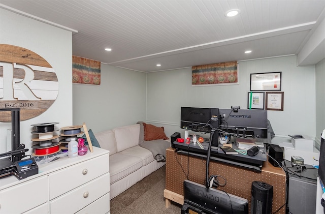 carpeted office space featuring recessed lighting