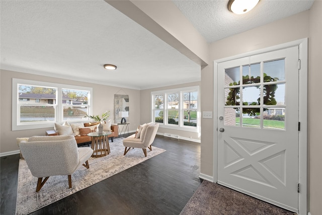 foyer with a textured ceiling, dark hardwood / wood-style flooring, and a healthy amount of sunlight