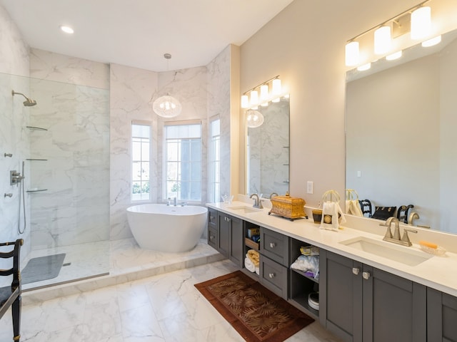 bathroom with vanity and plus walk in shower