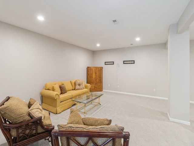 living room featuring light carpet