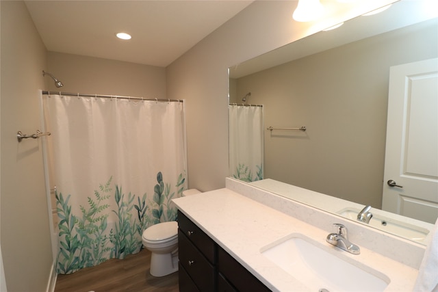 bathroom featuring a shower with curtain, vanity, toilet, and wood-type flooring