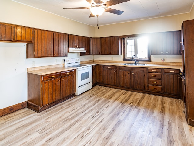 kitchen with white range with electric stovetop, ceiling fan, sink, and light hardwood / wood-style floors