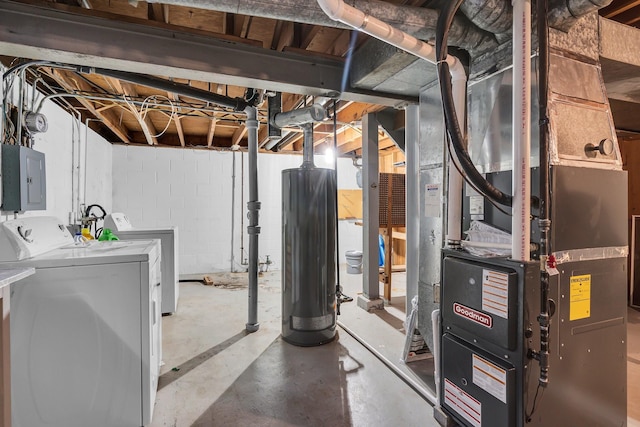 basement featuring heating unit, electric panel, and washing machine and dryer