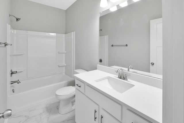 bathroom with shower / bathtub combination, marble finish floor, vanity, and toilet