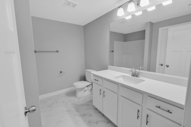 full bath featuring baseboards, visible vents, toilet, marble finish floor, and vanity