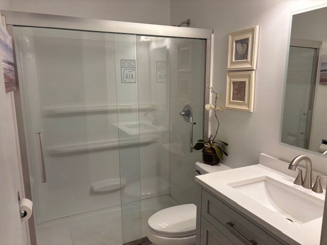 bathroom with vanity, a shower with shower door, and toilet